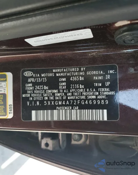 2015 Kia Optima Lx из США, поврежденный, VIN 5XXGM4A72FG469989